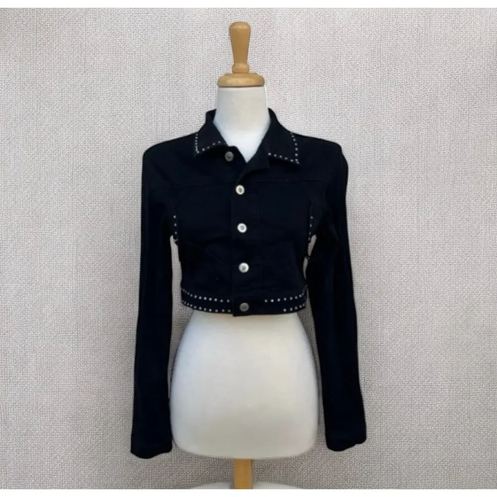 Judy Blue Denim Jacket XL 33” Black Rhinestone Cropped Stretch Western Cowgirl - Picture 1 of 11
